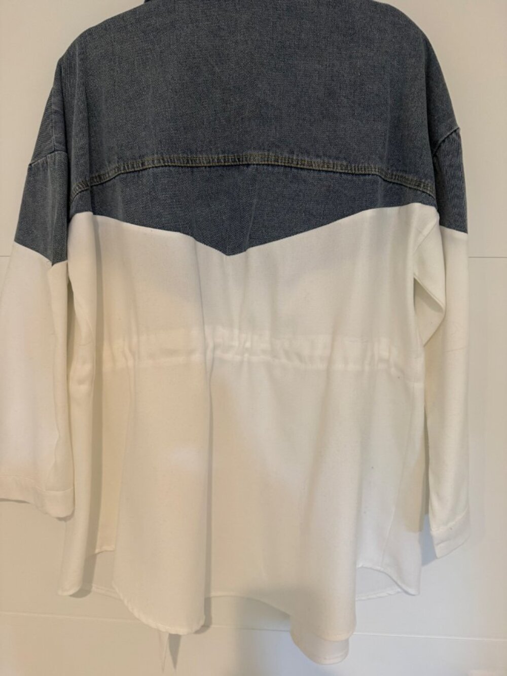 Two Tone Denim Shacket Jacket White Ripped Drawstring Waist Sz M/L
